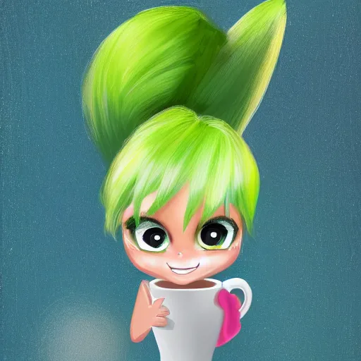 Prompt: detailed 4k UHD digital painting of chibi Tinkerbell in a coffee cup hungover with heavy eyeliner wearing a towel