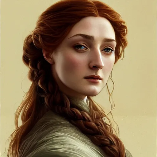 Image similar to portrait of sansa stark with long hair, intricate, elegant, highly detailed, digital painting, artstation, concept art, smooth, sharp focus, illustration, art by artgerm and greg rutkowski and alphonse mucha and william - adolphe bouguereau