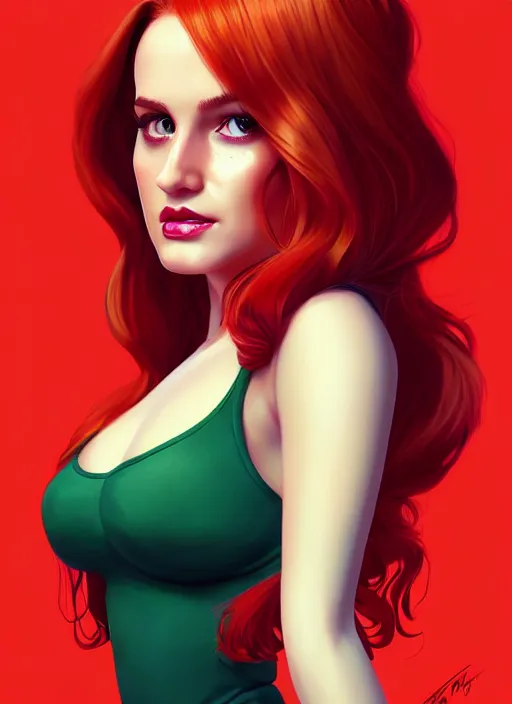 Image similar to full body portrait of teenage cheryl blossom, bangs, green eyes, mischievous expression, red hair, sultry smirk, bangs and wavy hair, intricate, elegant, glowing lights, highly detailed, digital painting, artstation, concept art, smooth, sharp focus, illustration, art by wlop, mars ravelo and greg rutkowski