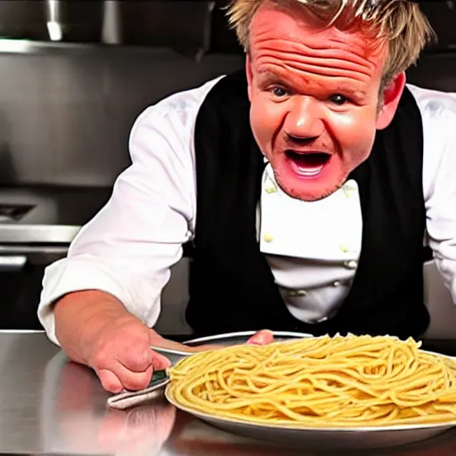 Image similar to <photo hd>Gordon Ramsey yells while eating spaghetti with his hands</photo>