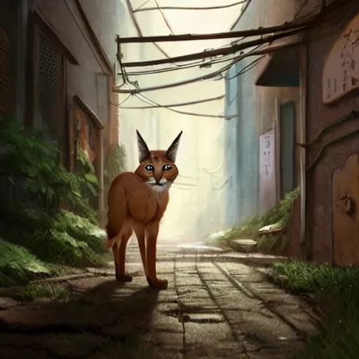 Image similar to a wholesome animation key shot of a focused cute caracal in an abandoned alleyway, medium shot, waist up, studio Ghibli, Pixar and Disney animation, sharp, very detailed, high resolution, Rendered in Unreal Engine 5, anime key art by Greg Rutkowski, Bloom, dramatic lighting