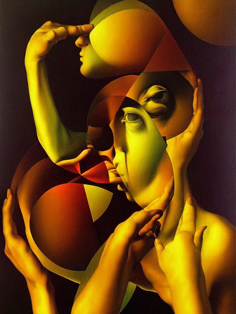 Image similar to hyperrealistic still life portrait of a mind recursively contemplating itself on lsd, sacred geometry tunnels, looking through a prism, by caravaggio and willem de kooning, surrealism, vivid colors, serene, golden ratio, rule of thirds, negative space, minimalist composition