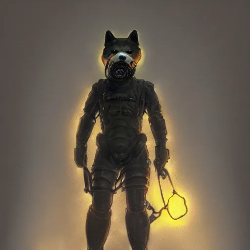 Image similar to power armor gasmask black armor, anthropomorphic shiba inu, shiba inu face, stuning 3 d render, masterpiece, glowing black aura, foggy dark graveyard, by donato giancola and greg rutkowski and wayne barlow and zdzisław beksinski, realistic face