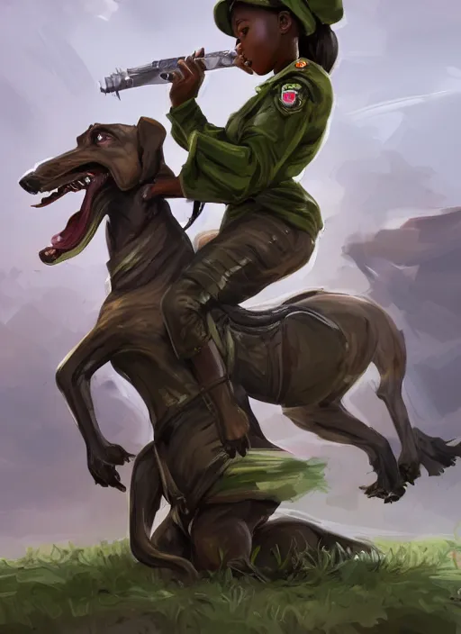 Image similar to a highly detailed illustration of cute african girl wearing military uniform and green officer cap riding!!! on giant!!! dog!!!, dramatic standing pose, perfect face, intricate, elegant, highly detailed, centered, digital painting, artstation, concept art, smooth, sharp focus, league of legends concept art, wlop