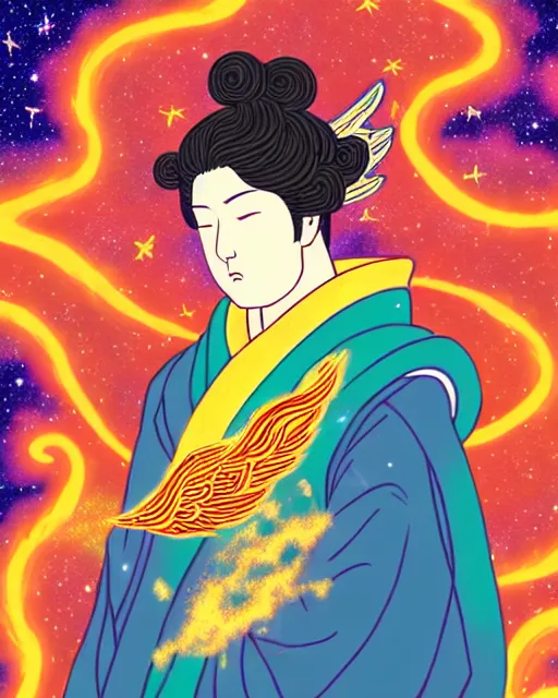 Image similar to a character portrait of a male angel with golden fiery wings, surrounded by spiriling sparkling rose crystals and galaxies, hyper light drifter, ukiyo - e trending on artstation