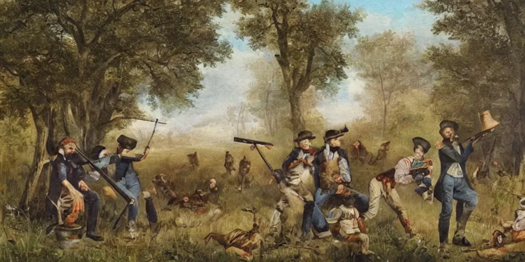 Prompt: 1800s painting of a country folk family shooting at zombies in the woods