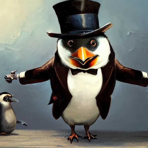 Prompt: oil painting of rich steampunk penguin, wearing top hat, steampunk factory background, hamster running in the background, sharp focus, fantasy style, octane render, volumetric lighting, 8k high definition, by greg rutkowski, highly detailed, trending on art Station, magic the gathering artwork, centered