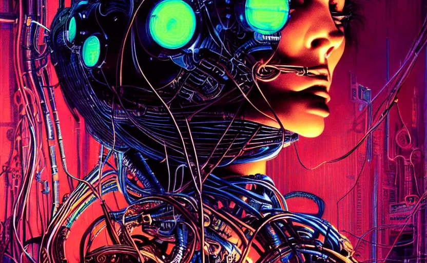 Prompt: Retro future advertising poster | cyborg girl surronded by cables, illustrated by H.R. Giger and Gaston Bussiere, 35mm lens, beautiful macro close-up imagery, vibrantly lush neon lighting, beautiful volumetric-lighting-style atmosphere, a futuristic atmosphere, intricate, detailed, photorealistic imagery, trending on artstation, 4k, 8k