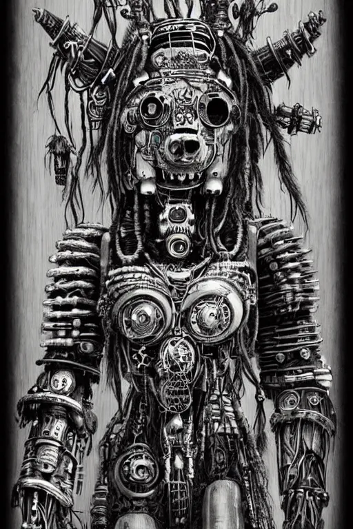 Image similar to wild monstorous anthropomorphic biomechanical bear shaman-warrior wearing and voodoo artifacts. Wearing dreadlocks made of cables and wires. Upgraded with hightech cyberwares. huge, big, giant bear human hybrid, mecha animal, tall, detailed woodcut armor, terrifying and dangerous, scary, beautiful, steampunk monster android hybrid art portrait, matte scifi fantasy painting, half robot half bear. DeviantArt Artstation, by Jason Felix by Steve Argyle by Tyler Jacobson by Peter Mohrbacher, cinematic lighting