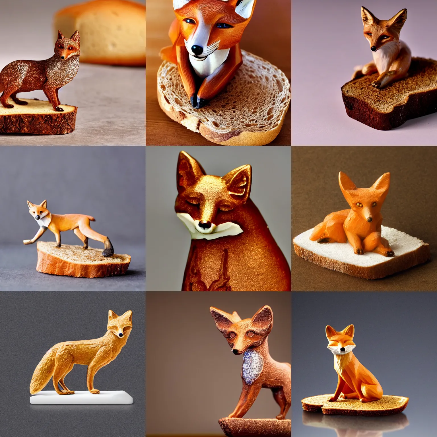Prompt: A diamond statuette of a fox on a piece of bread. solid Background.