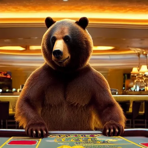 Prompt: film still of a bear in las vegas casino movie 4k