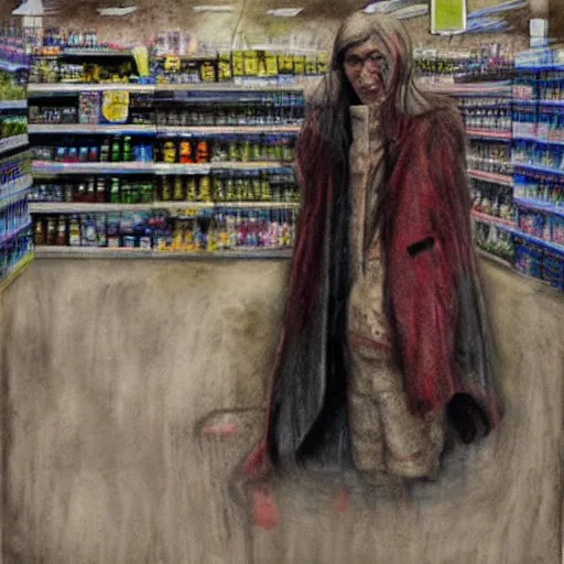 Prompt: a fallen angel stands at the checkout in the supermarket, mixed media, charcoal and acrylic paints, by enki Bilal, hyper realistic