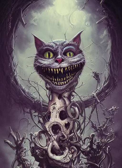 Prompt: Crazy Cheshire Cat,Death Tarot card,highly detailed,half skull face,cinematic,8k,by Stanley Artgermm,Beksinski,Tom Bagshaw,Greg Rutkowski,Carne Griffiths, Ayami Kojima, Giger,trending on DeviantArt,hyper detailed,horror, full of colour