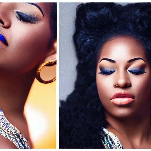 Image similar to realistic photo of an African American woman, with exquisite hollywood style makeup on, her eyes closed as the sun is setting behind her, studio photography, f/1.8 cinematic lens