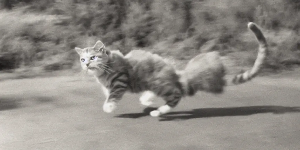 Prompt: filmreel image of a cat running