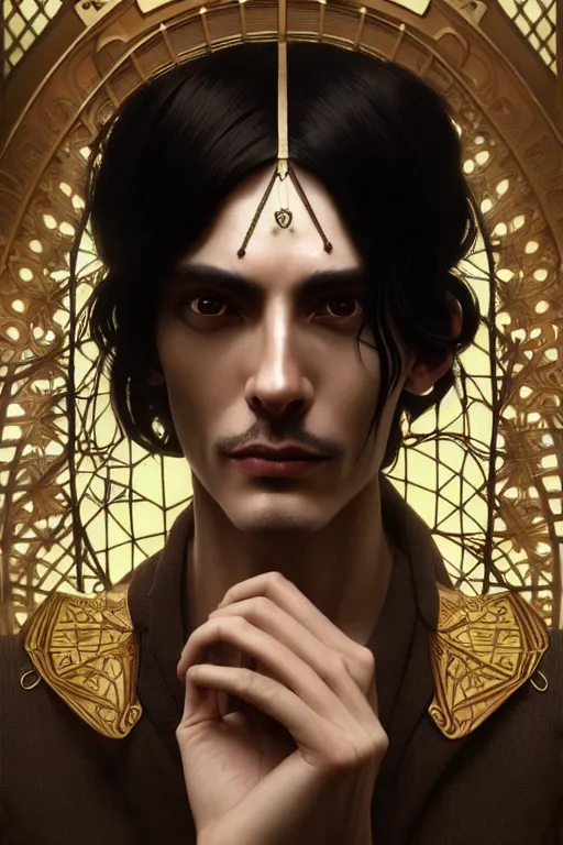 Image similar to ultra realistic, thin man in nice modern clothes, black hair, brown eyes, occult jewelry, fantasy, intricate details, eerie, highly detailed, octane render, 8 k, art by artgerm and alphonse mucha and greg rutkowski