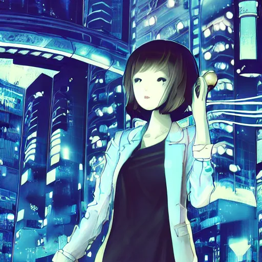 Image similar to Frequency indie album cover, luxury advertisement, blue filter, blue and black colors. Clean and detailed post-cyberpunk sci-fi close-up schoolgirl in asian city in style of cytus and deemo, blue flame, relaxing, calm and mysterious vibes, by Tsutomu Nihei, by Yoshitoshi ABe, by Ilya Kuvshinov, by Greg Tocchini, nier:automata, set in half-life 2, Matrix, GITS, Blade Runner, Neotokyo Source, Syndicate(2012), dynamic composition, beautiful with eerie vibes, very inspirational, very stylish, with gradients, surrealistic, dystopia, postapocalyptic vibes, depth of field, mist, rich cinematic atmosphere, perfect digital art, mystical journey in strange world, beautiful dramatic dark moody tones and studio lighting, shadows, bastion game, arthouse