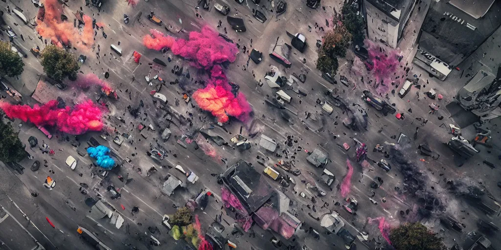 Prompt: post - apocalyptic kreuzberg streets covered in colorful smoke, burned cars, explosions, hyperrealistic, gritty, damaged, drone photography, photorealistic, high details