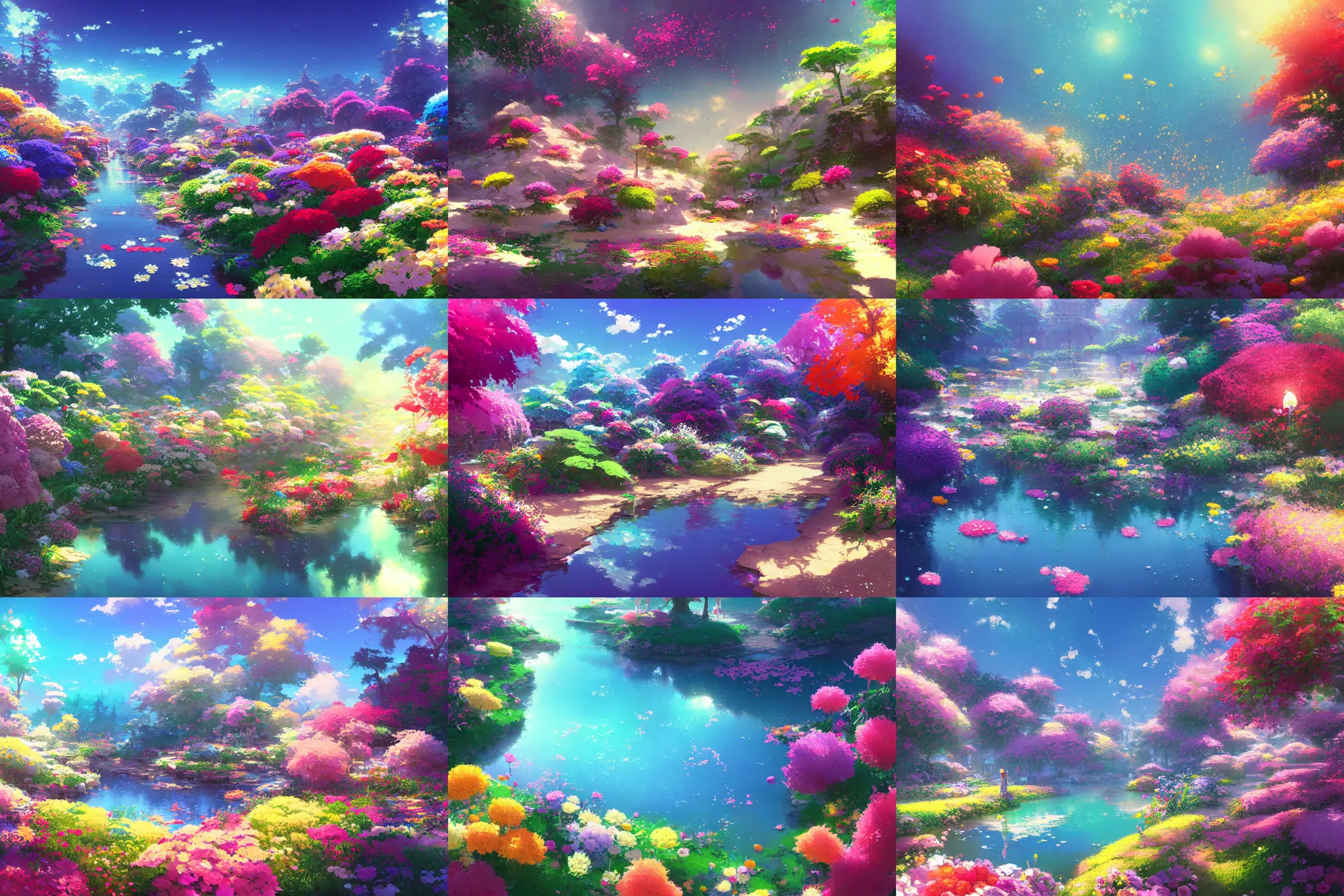 Prompt: a painting of colorful flowers under sparkling clear water by makoto shinkai and thomas kinkade, james gilleard, overview, very detailed, deviantart, artstation, high quality, 4 k, tone mapping
