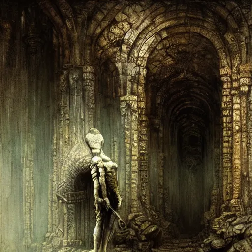 Image similar to lost and alone in a vast underground ancient stone temple by gustave dore and gustave moreau and beksinski and giger and craig mullins and jeremy _ mann