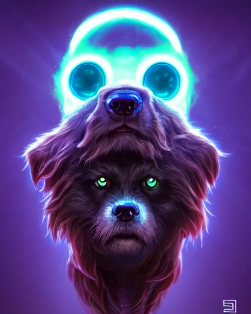 Image similar to one singular portrait of a cute bioluminescent dog-man with large glowing eyes, highly detailed, digital painting, cinematic, hyper realism, dark retrowave, art by Stanley Lau and Artgerm and magali villeneuve and Alphonse Mucha, artstation, octane render, cgsociety