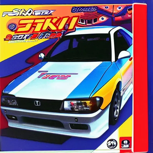 Image similar to playstation 1 cover art for a 9 0 s japanese racing game, a 1 9 9 5 subaru wrx sti, and a 1 9 9 8 honda civic are the cars on the box art.