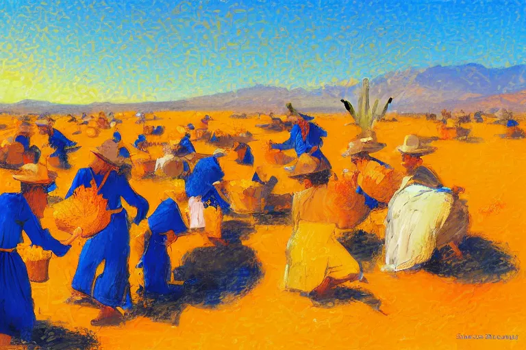 Prompt: detailed digital painting of a crowd of happy jews in the desert harvesting!! manna, yellow orange and blue color scheme, by sherree valentine daines and ross trann, trending on art station 8 k