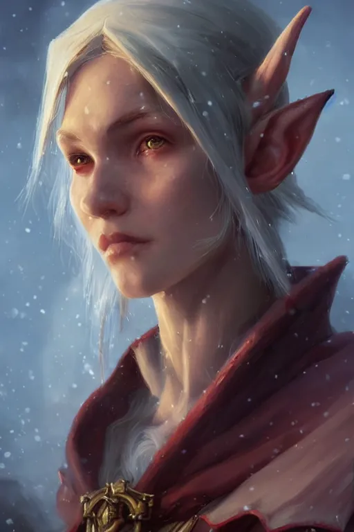 Image similar to dungeons and dragons snow elf character closeup portrait, dramatic light, dungeon background, 2 0 0 mm focal length, painted by stanley lau, painted by greg rutkowski, painted by stanley artgerm, brom, digital art, trending on artstation