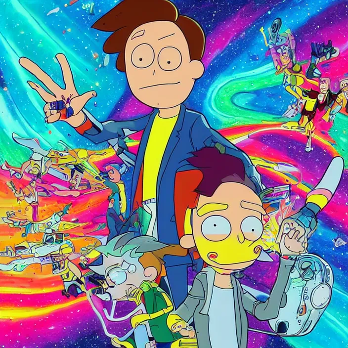 Prompt: Michael J. Fox as Morty Smith from Rick and Morty by Noriyoshi Ohrai and Lisa Frank, inking, full color