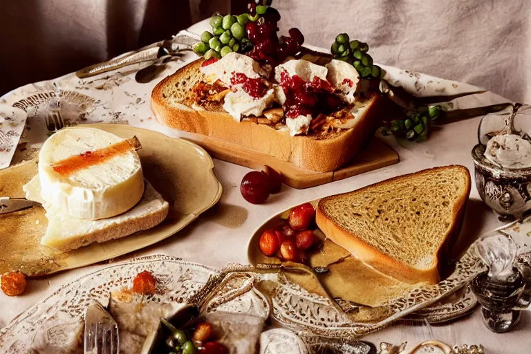 Image similar to 7 0 s food photography of an opulent spread of cheese on toast, on a velvet table cloth, dramatic diffused lighting