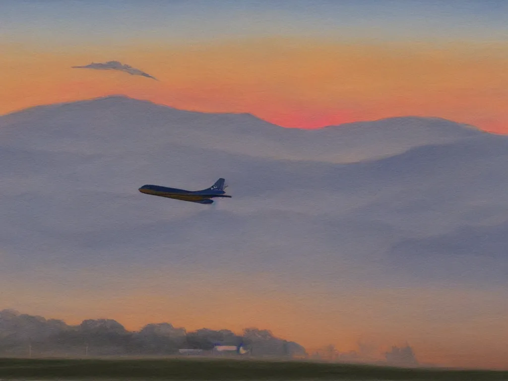 Image similar to single airbus airplane on runway at sunrise, mist. hills in the background. painting by moebius