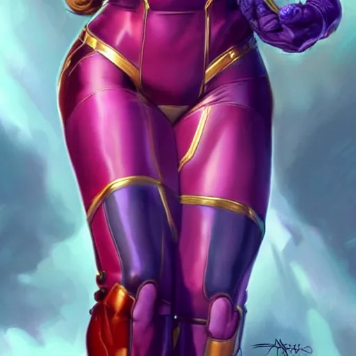 Prompt: scarlett johansson as thanos, feminine beautiful muscular fitness model wearing armor, red lips, strong jaw, pin up, attractive, highly detailed full body portrait, pretty face, elegant, breathtaking art, concept art, by artgerm and ilya kuvshinov