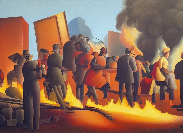 Prompt: a painting of people standing around a burning dumpster, an art deco painting by thomas hart benton, cg society, american scene painting, dystopian art, constructivism, academic art