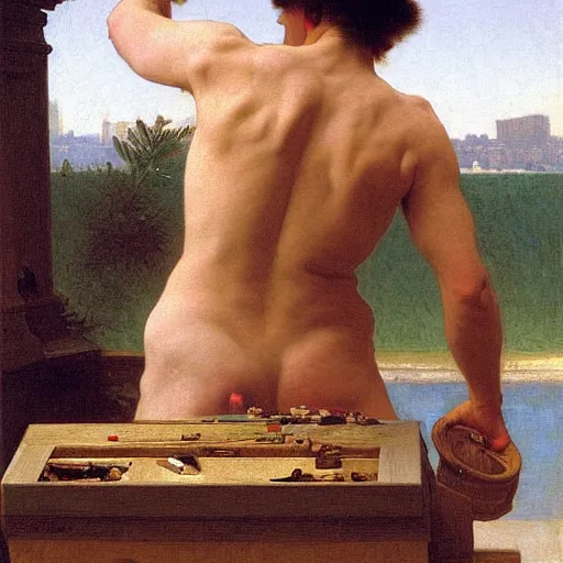Image similar to an oil painting of an man playing a package, he doing sorting package, view from back, by Bouguereau, highly detailed and intricate, 1500,