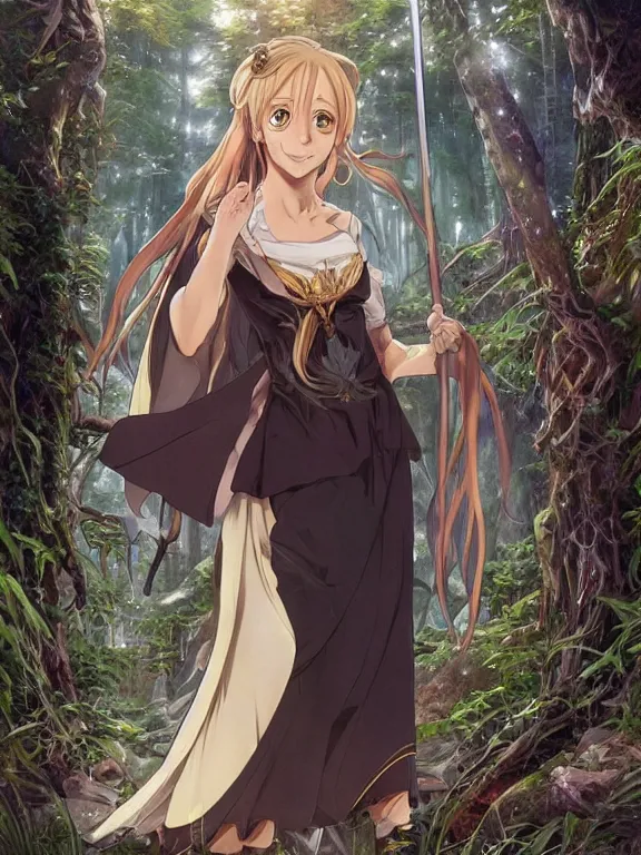 Prompt: anime key visual of writer jk rowling the enchantress with her back to the camera wears harry potter wizard clothes!! intricate, magical forest, stunning, highly detailed, digital painting, artstation, smooth, hard focus, illustration, art by artgerm and greg rutkowski and alphonse mucha