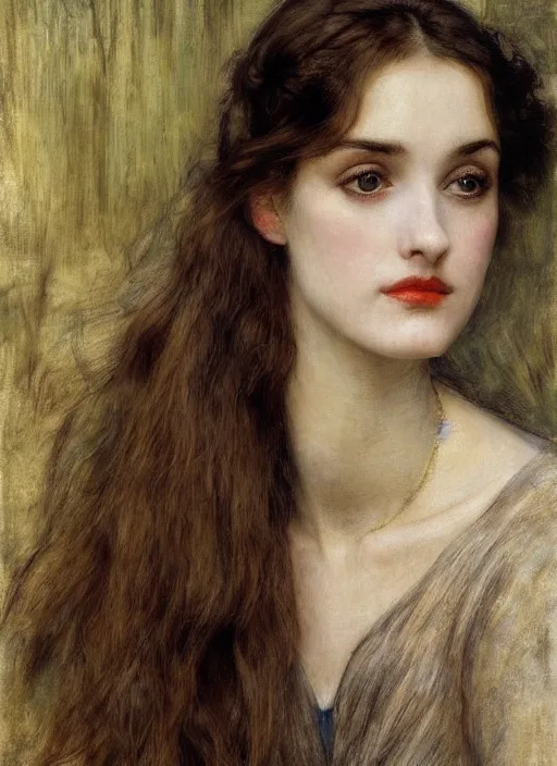 Prompt: a beautiful painting of young winona ryder by John Everett Millais and Dante Gabriel Rossetti and John Collier and john william waterhouse, pre-raphaelite, detailed, trending on artstation, hd, masterpiece