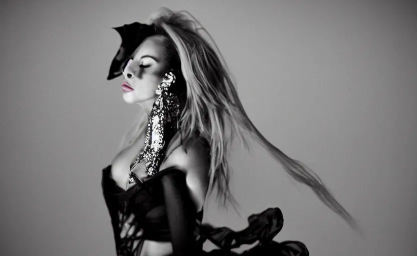 Image similar to IMG_975.raw, lady gaga ,beautiful composition, alexander mcqueen , 50mm f1.8, ambient light,