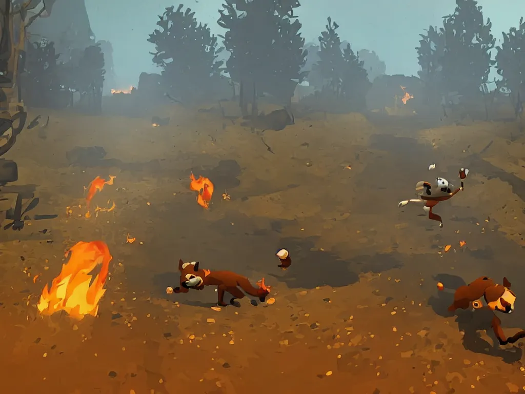 Prompt: a dog escaping a wildfire featured in a platformer video game, style of Inside game, sumerville game, limbo game