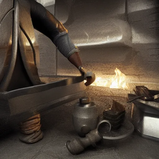 Image similar to Blacksmith creates new element with hammer, arnold render, ultrarealistic, bloom, mythic