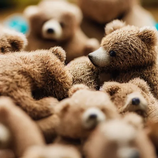 Image similar to macro shot photograph of dozens of extremely tiny realistic looking bears inside of a plastic tiny bears product food bag package, 4 k, highly detailed