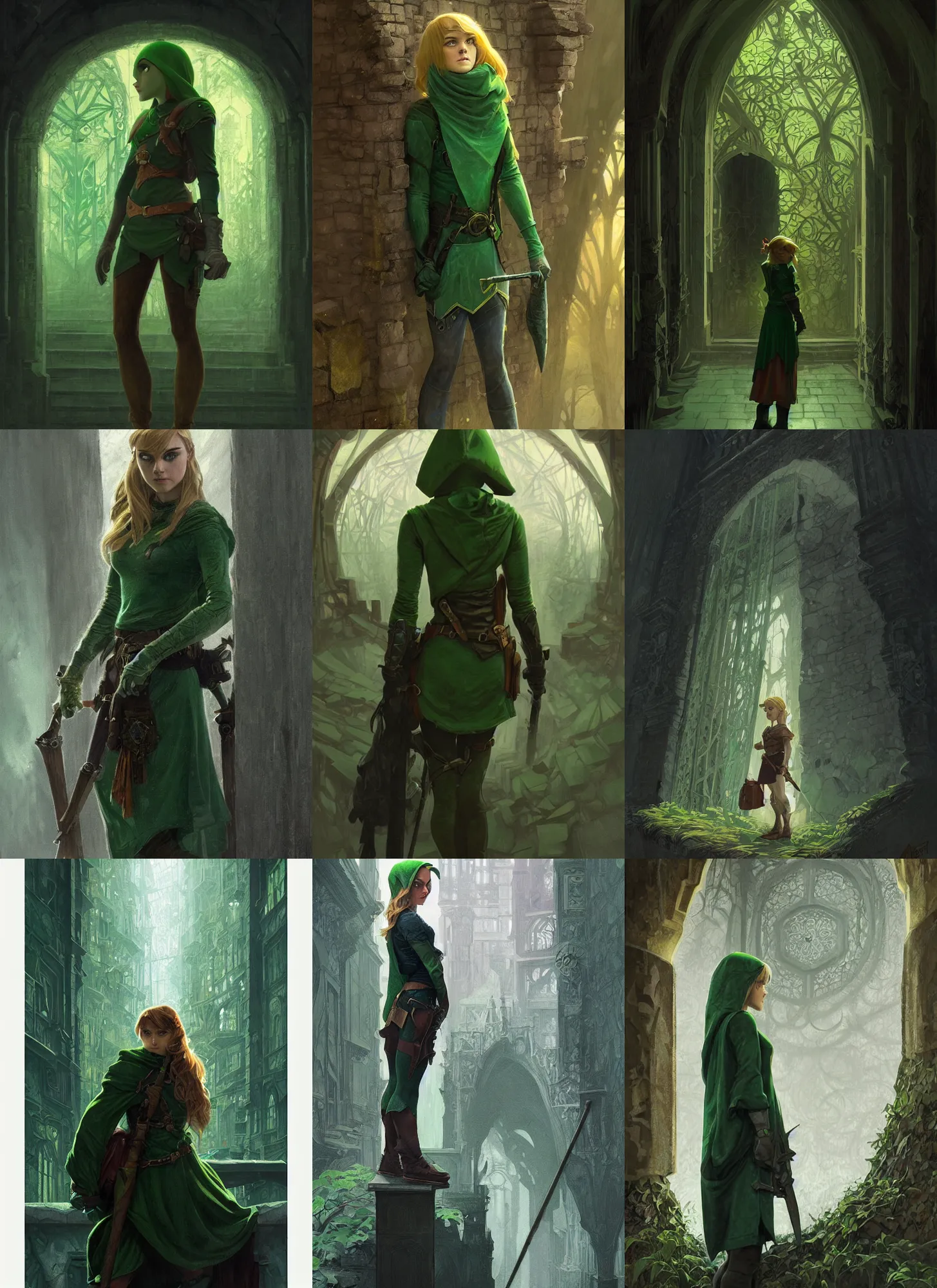 Prompt: Annasophia Robb as Link, green hood, spying discretly, waiting behind a wall, in dark night, intricate, highly detailed, digital painting, artstation, concept art, sharp focus, illustration, art by greg rutkowski and alphonse mucha and aleksi briclot