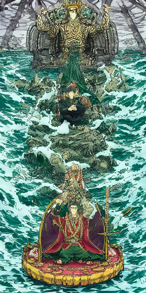 Image similar to a lone emperor sitting on a emerald throne floating on water in the middle of a lake drawn by Makoto Yukimura in the style of Vinland saga anime, full color, detailed, psychedelic, Authority, structure, a father figure, tarot card