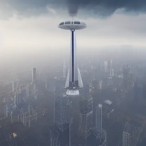 Image similar to a space elevator rising from the center of a misty metropolis, highly detailed, 8k, sharp focus