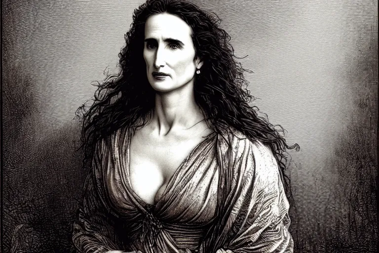 Prompt: andie macdowell portrait by gustave dore and dan mumford, museum print of copper plate etching