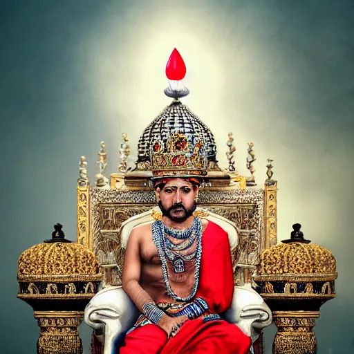 Image similar to the king of india sitting on a throne, detailed face with red lips, blue eyes and large forehead, moody atmosphere, digital art, highly detailed, high contrast, beautiful lighting, award winning, trending on art station, photorealistic, 8 k,