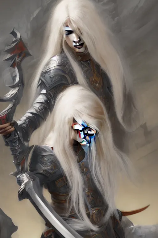 Image similar to fantasy painting of a long-haired albino with a black blade, painted by Bayard Wu, ultra detailed, 8k