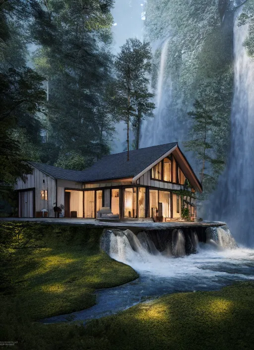 Image similar to beautiful large scandinavian house in the forest on a hill, a large waterfall flows down from the mountain in the background, octane render, fabulous, hyper detailed, random cinematic view, no noise, global illumination, warm lighting, volumetric, godrays, vivid, by jordan grimmer