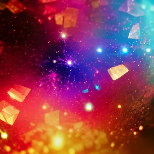 Image similar to colorful fragmented nebula explosion, dust particles, bokeh, iridescent jagged crystal fragmentation, elaborate detail, tilt-shift macro lens, lens flare, rendered in octane, visual effects, x-particles, redshift, cinematic, 8k render