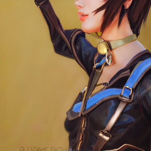 Image similar to oil painting of tracer overwatch in a field wearing very large black leather belt choker collar around neck, in style of mark arian, expressive face, very detailed face, very detailed eyes, belt around neck, full body, feminine face, tracer overwatch,