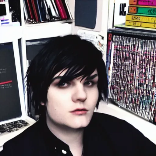 Prompt: a screenshot of blacked hair Gerard Way working in The Office (2007)